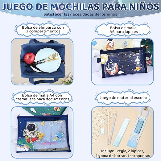 A Nasjac Mochilas Escolares para Niños, 5 Piezas Bolsa Escolar de Astronauta Espacio Gran Capacidad con Fiambrera