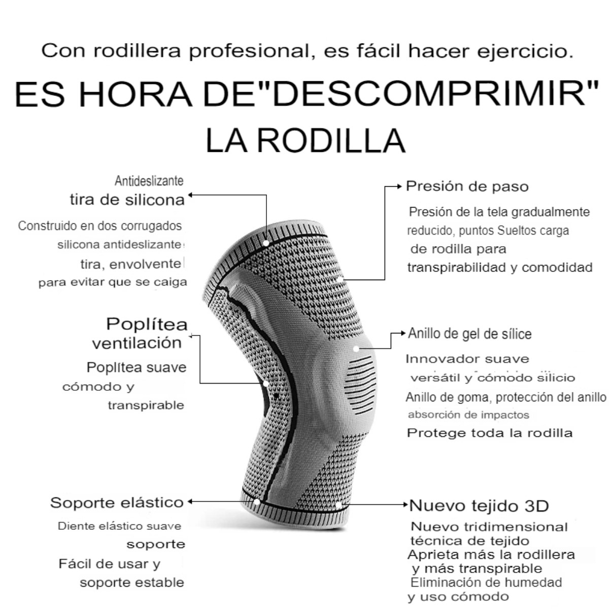 Rodillera deportiva M negro blanco profesional almohadilla TPE soporte elástico antideslizante gel