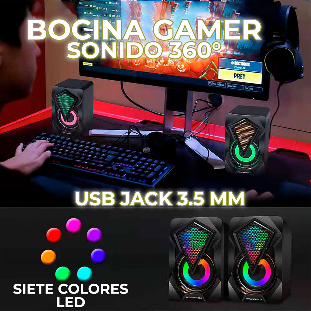 Bocinas Rgb Para Computadora Laptop Altavoces Rgb Con Control De Volumen Portatil 3.5mm USB estilo gamer con colores brillantes
