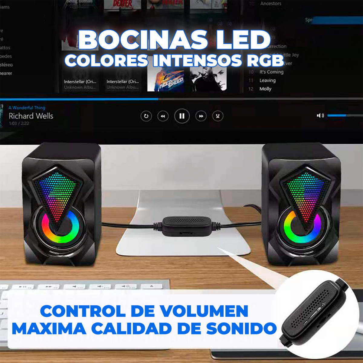 Bocinas Rgb Para Computadora Laptop Altavoces Rgb Con Control De Volumen Portatil 3.5mm USB estilo gamer con colores brillantes