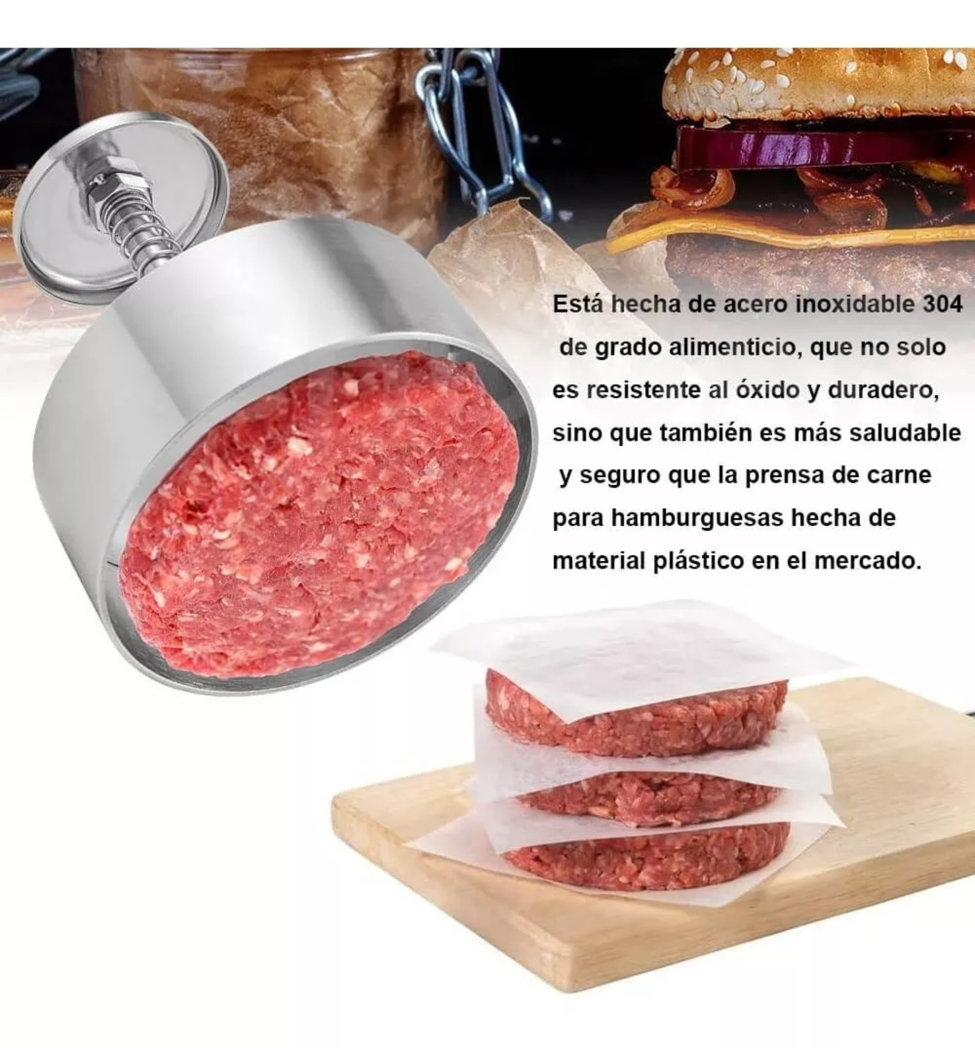 Prensa Carne Para Hamburguesas Moldes Acero Ajustable Manual