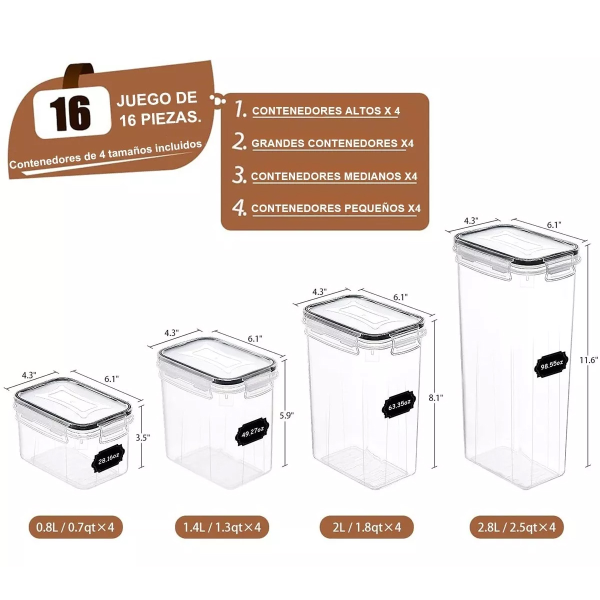 Contenedores Hermeticos Plasticos Dispensador Cereal 16pcs