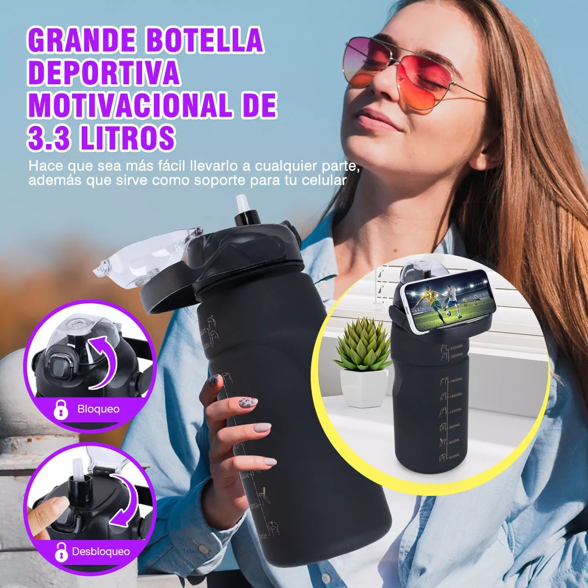 Vaso Motivacional 4pzs Botella De Agua A Deportiva Bicicleta Negro