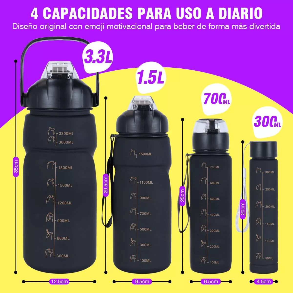 Vaso Motivacional 4pzs Botella De Agua A Deportiva Bicicleta Negro