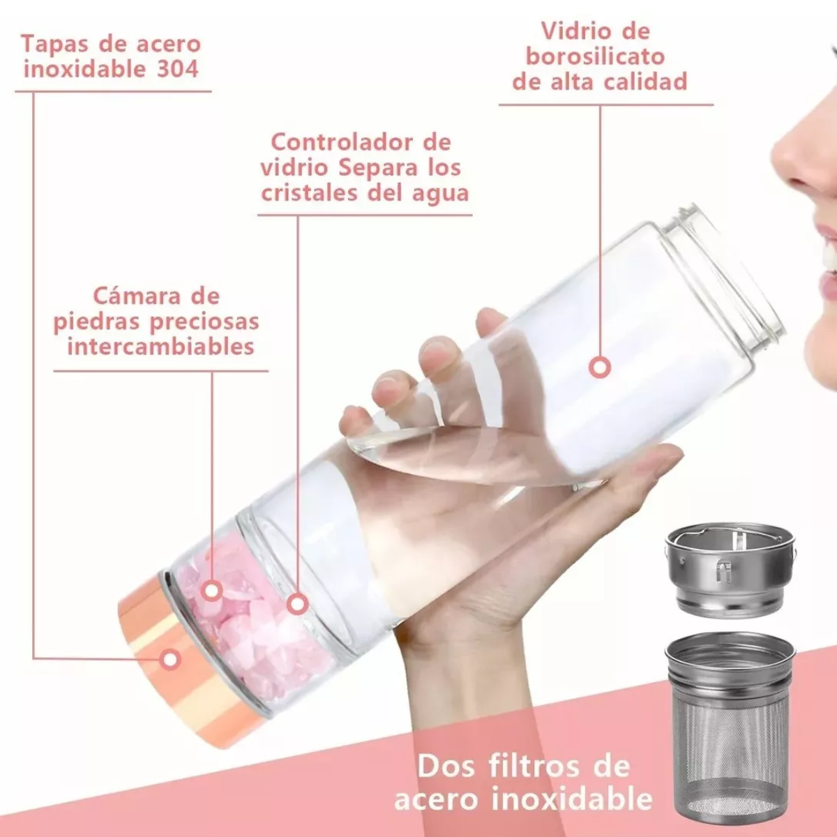 Botella Agua Con Cristal Energético Vaso De Cuarzo Botella Rose Gold