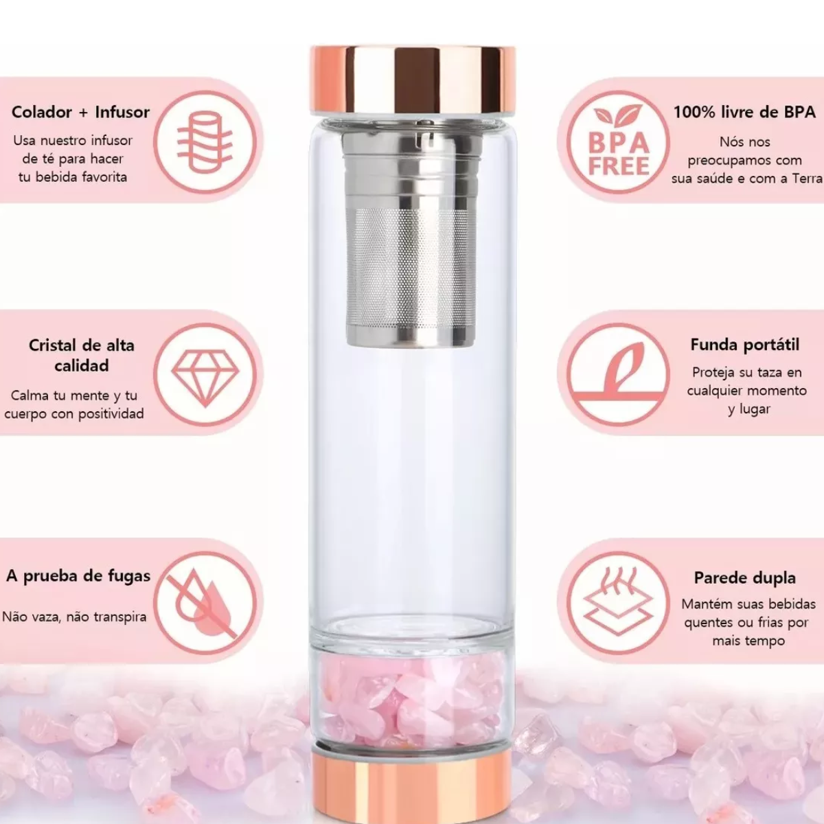 Botella Agua Con Cristal Energético Vaso De Cuarzo Botella Rose Gold