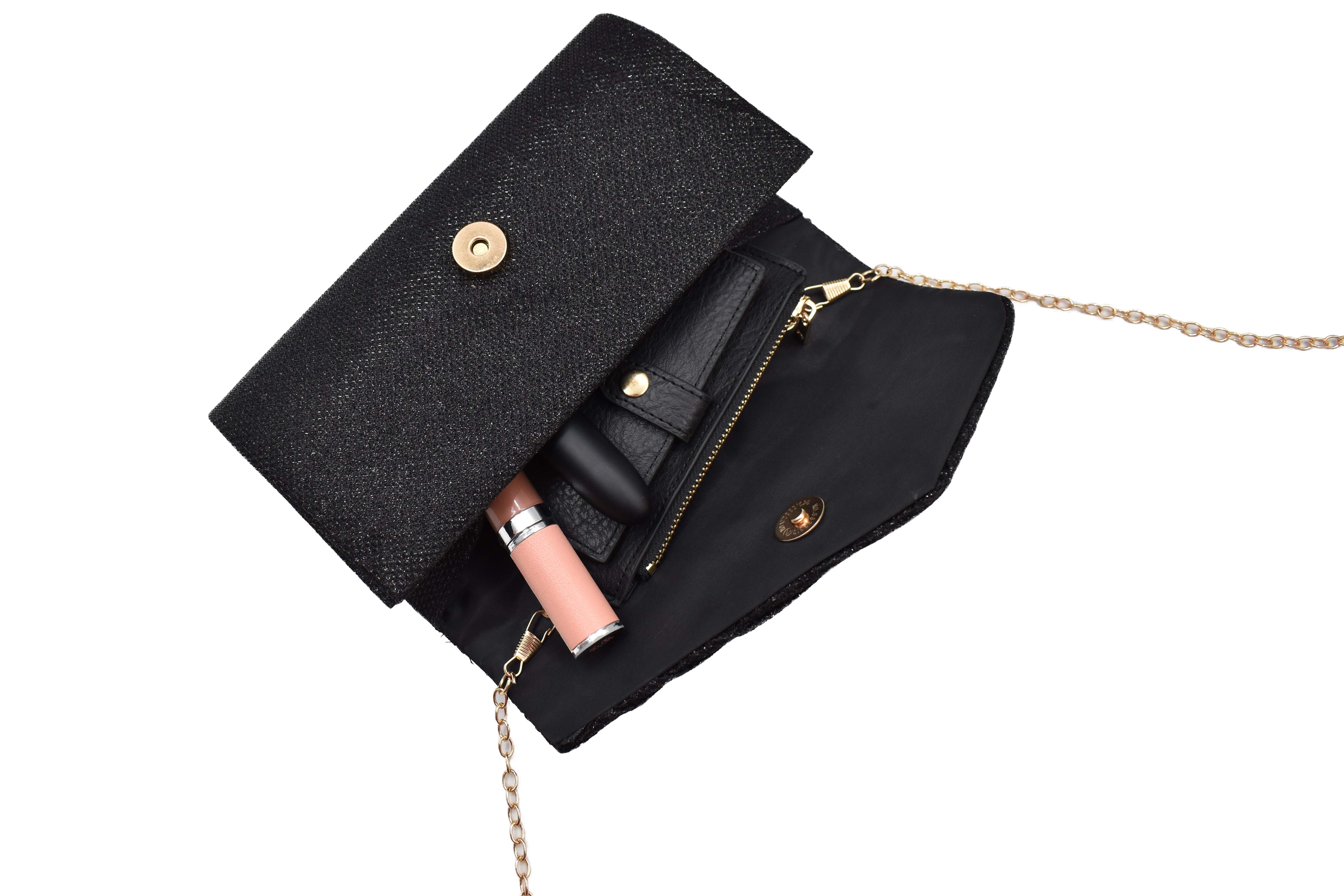 Bolsa clutch negra con brillos elegante 