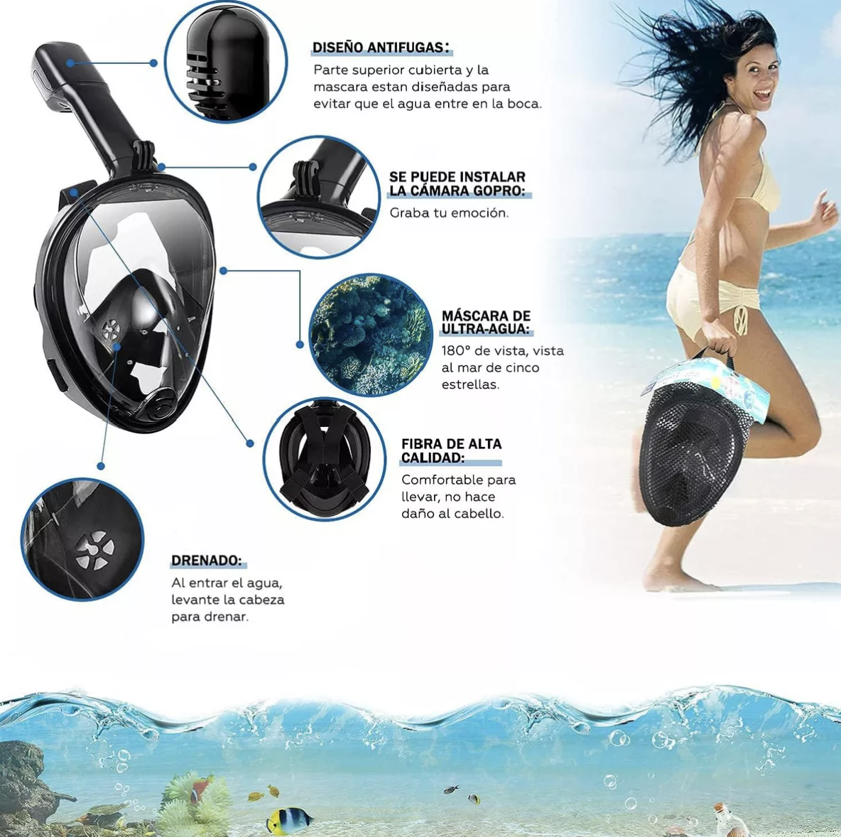 Máscara De Snorkel Con Bolsa Impermeable, De Cara Completa Con Soporte Para Cámara, De Vista Panorámica De 180° T