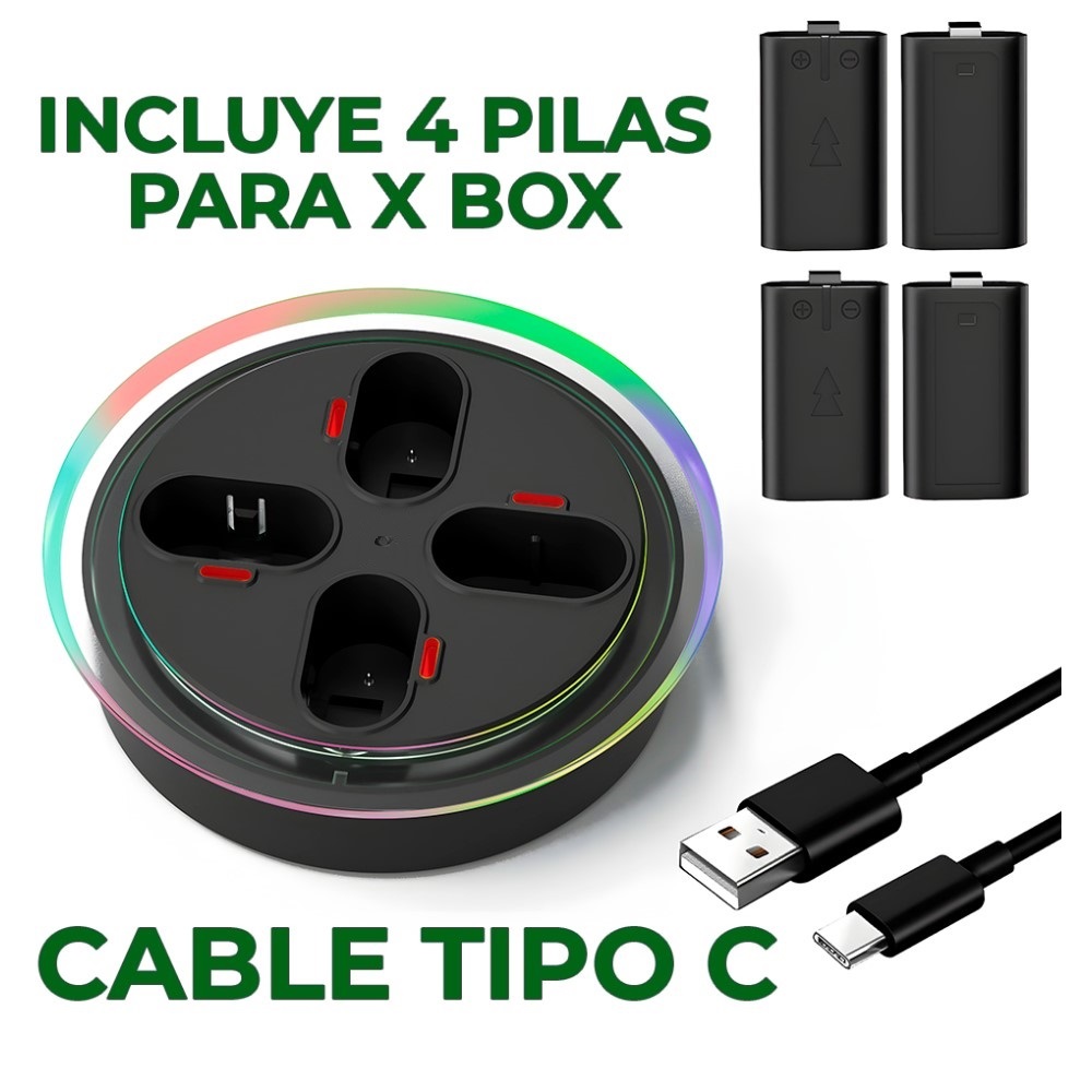 Paquete de 4 Pilas para Control Xbox One y X|S con Base de Carga con Luz RGB.