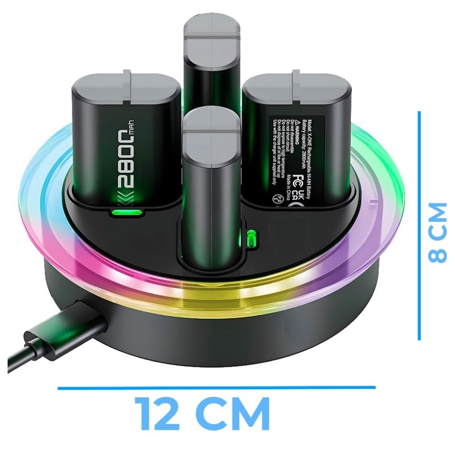 Paquete de 4 Pilas para Control Xbox One y X|S con Base de Carga con Luz RGB.