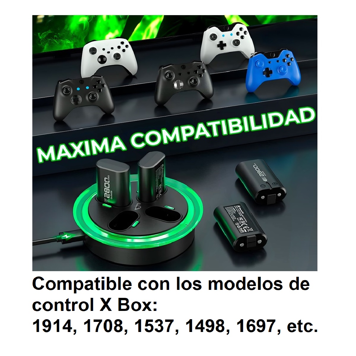 Paquete de 4 Pilas para Control Xbox One y X|S con Base de Carga con Luz RGB.