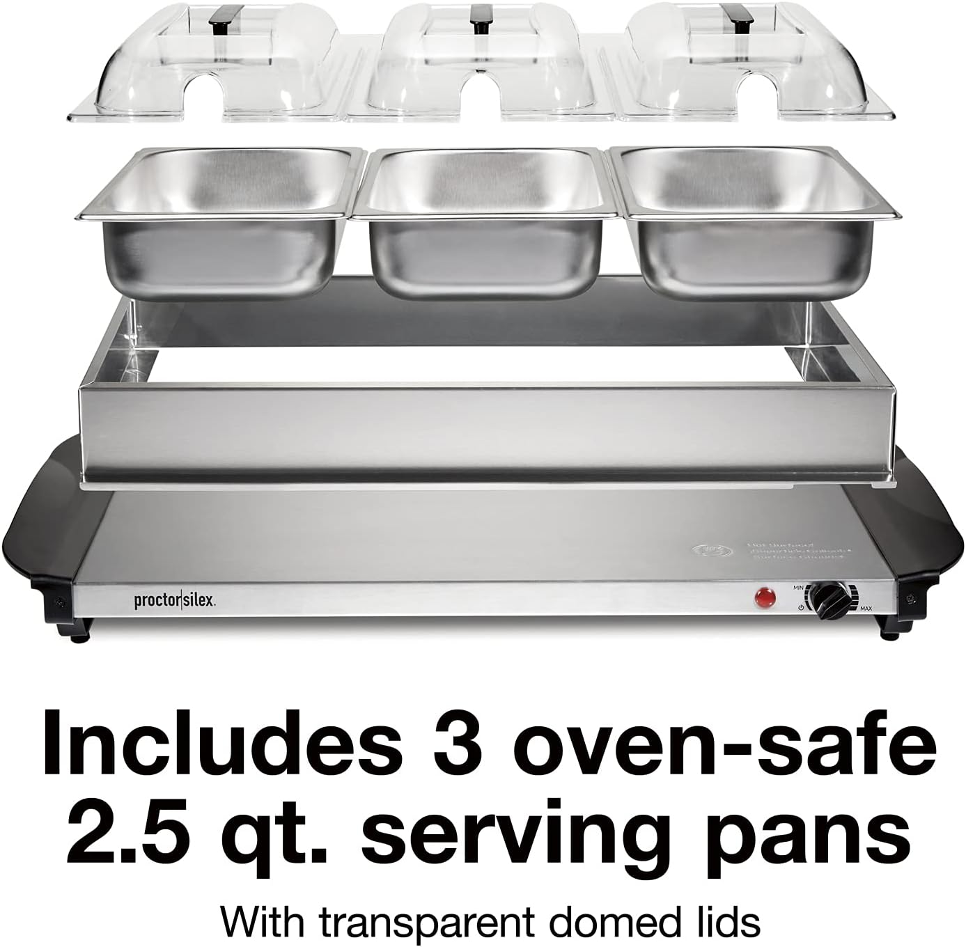 Proctor Silex 34300 Servidor buffet (bufetera)/ Bandeja de calentamiento, Terminado acero inoxidable, Three 2.2 Quart Stainless Steel Chafing Dishes