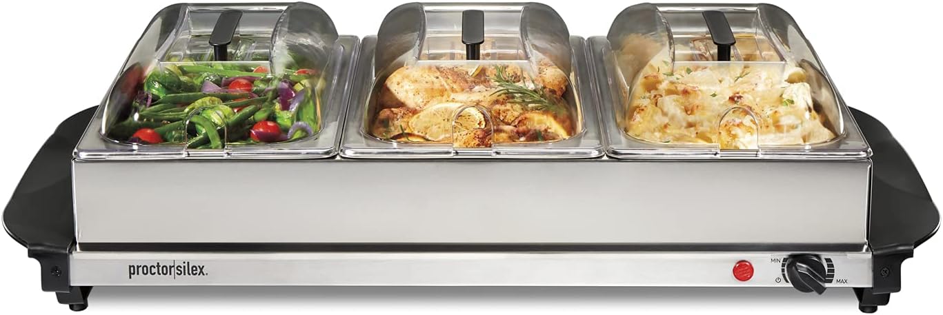 Proctor Silex 34300 Servidor buffet (bufetera)/ Bandeja de calentamiento, Terminado acero inoxidable, Three 2.2 Quart Stainless Steel Chafing Dishes