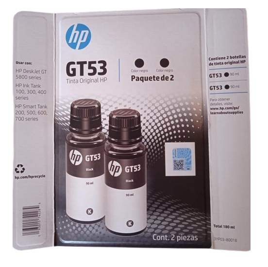 Pack 2 Tintas Negras GT53 + 3 Tintas Colores GT52 HP Originales  .