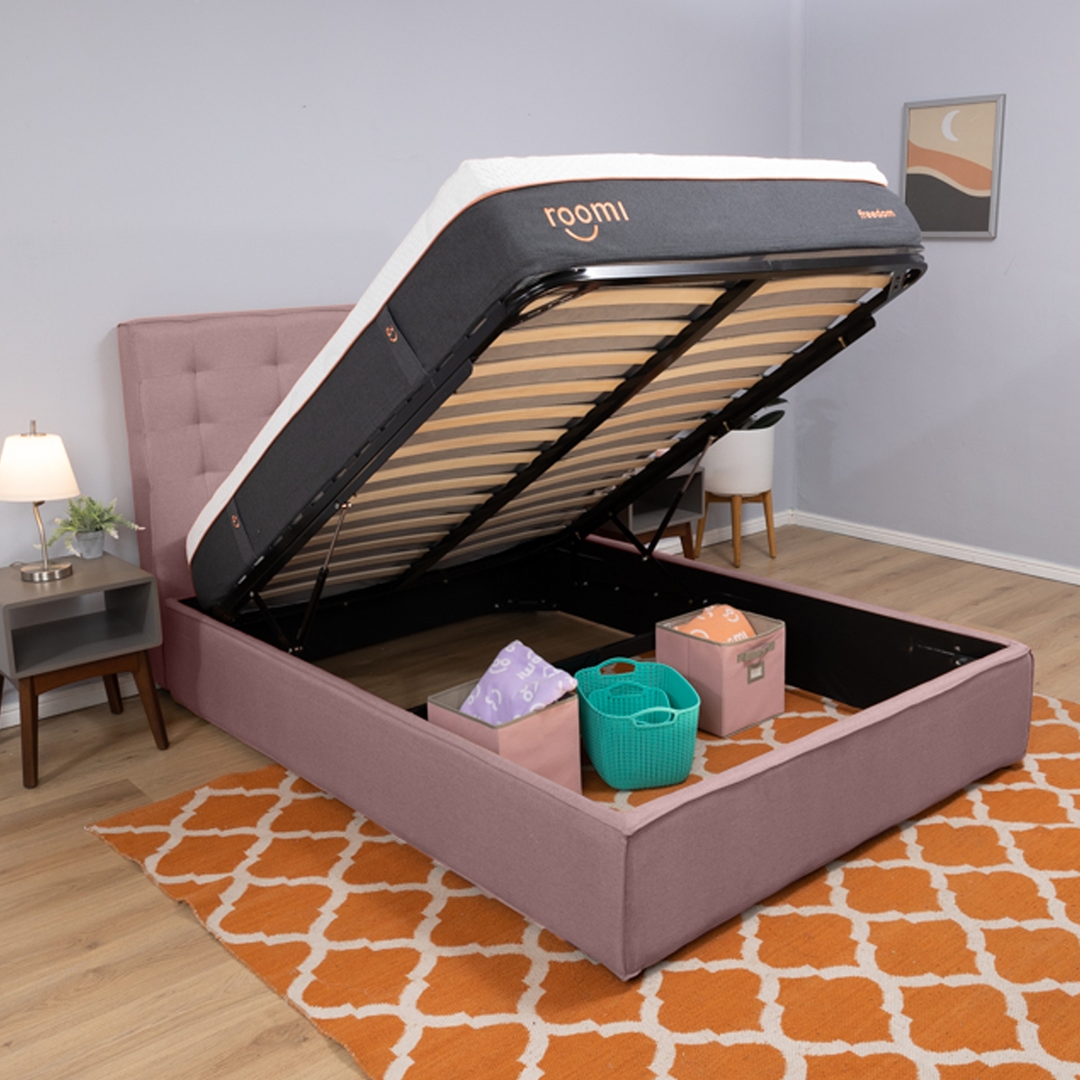 Base Matrimonial Para CoIchón Roomi Nomad, Box Con Sistema De Almacenaje Rosa