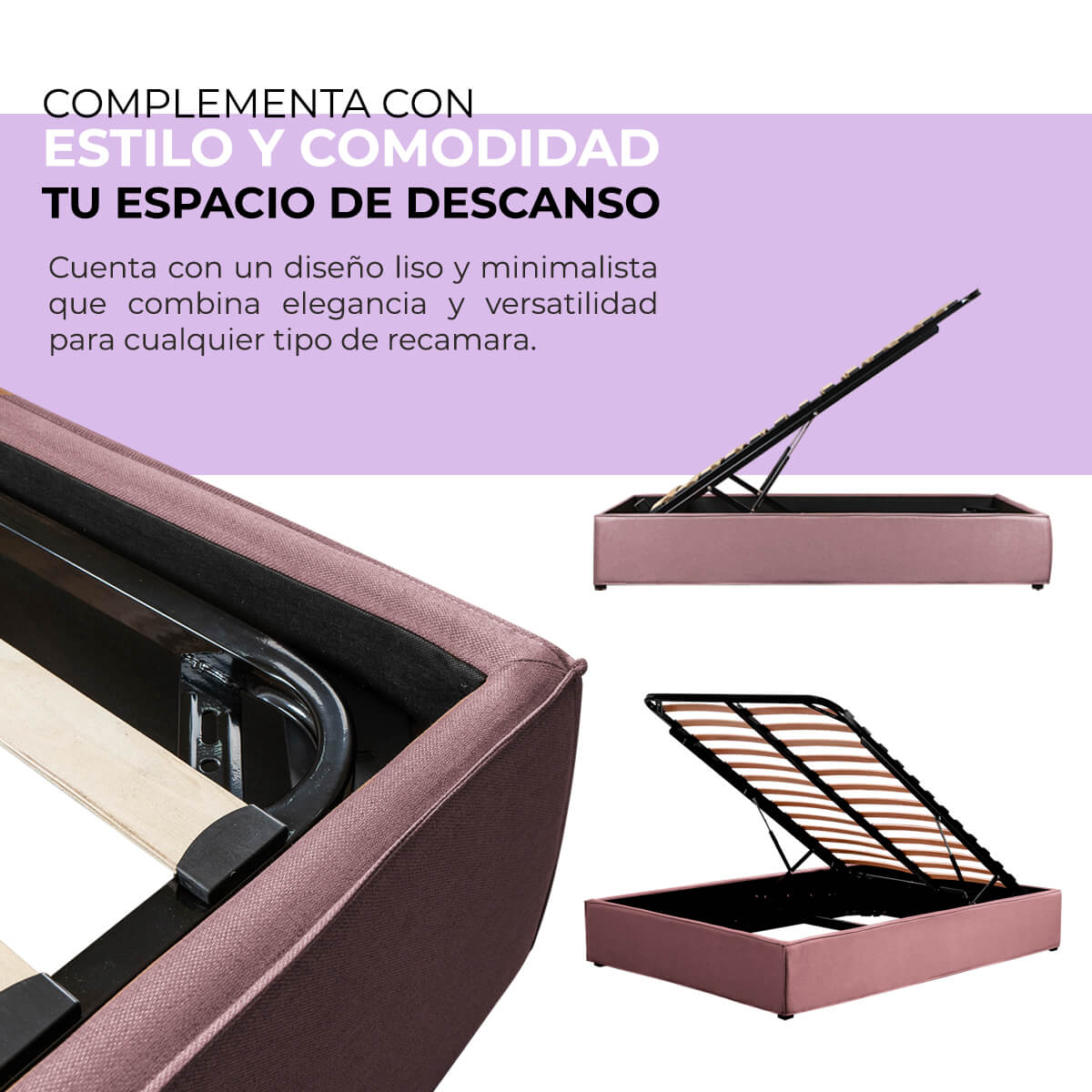 Base Matrimonial Para CoIchón Roomi Nomad, Box Con Sistema De Almacenaje Rosa