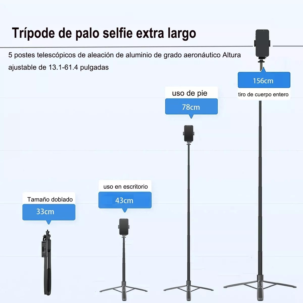 Palo Selfie Stick Trípode Con Control Remoto Bluetooth 156cm