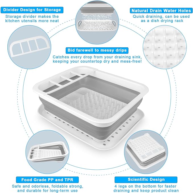 A Escurridor de platos plegable portátil para encimera de cocina con escurridor, organizador de fregadero de cocina