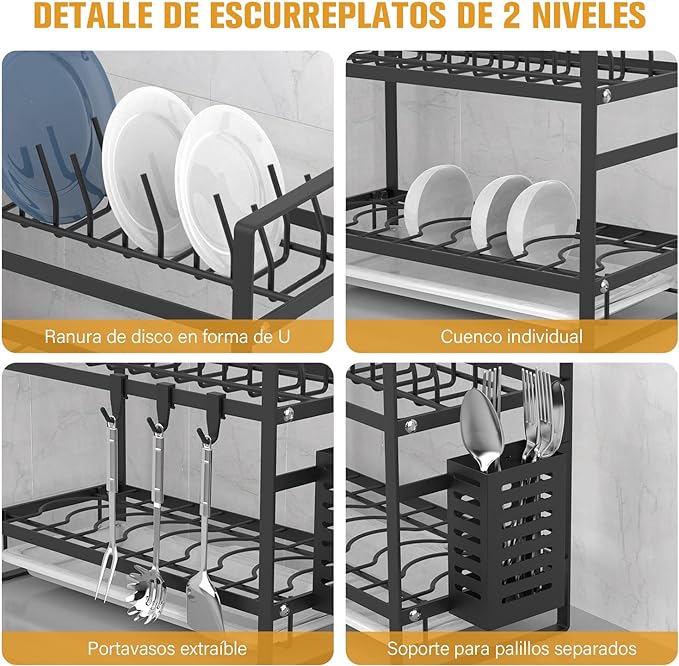 A SPOWAY Escurridor de Trastes, Escurridor de Platos de 2 Niveles con Soporte para Utensilios