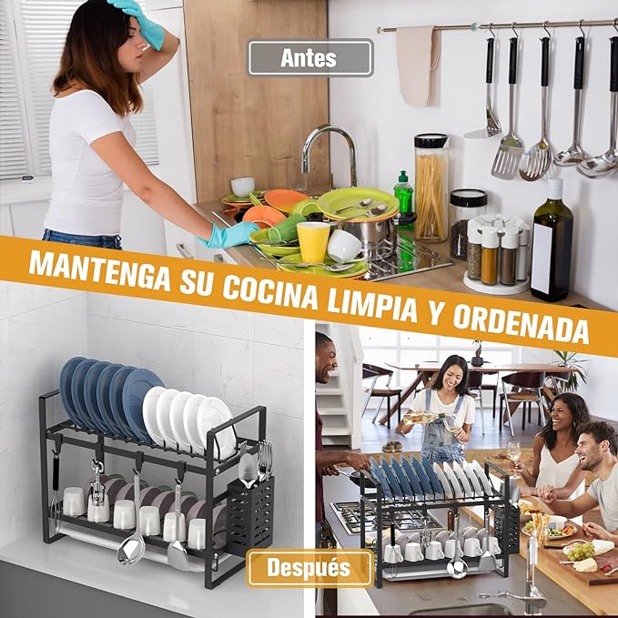 A SPOWAY Escurridor de Trastes, Escurridor de Platos de 2 Niveles con Soporte para Utensilios