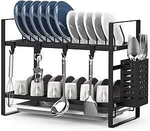 A SPOWAY Escurridor de Trastes, Escurridor de Platos de 2 Niveles con Soporte para Utensilios