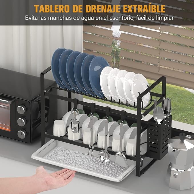 A SPOWAY Escurridor de Trastes, Escurridor de Platos de 2 Niveles con Soporte para Utensilios