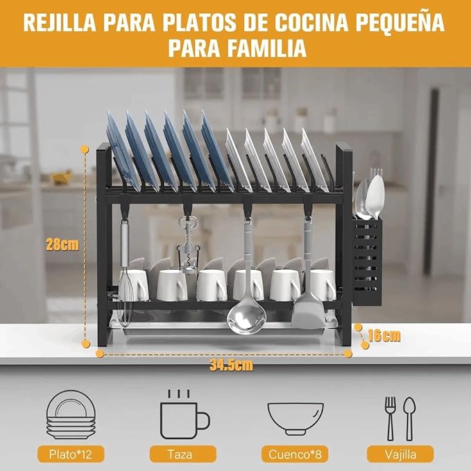 A SPOWAY Escurridor de Trastes, Escurridor de Platos de 2 Niveles con Soporte para Utensilios