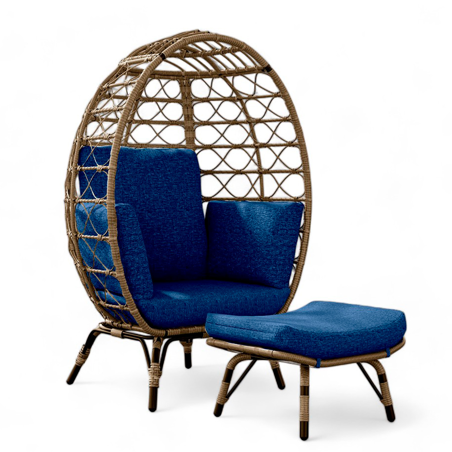 Ilios Innova | Silla Exterior De Mimbre Forma De Huevo Individual | Elegante Silla de jardín con reposa pies y Cojines