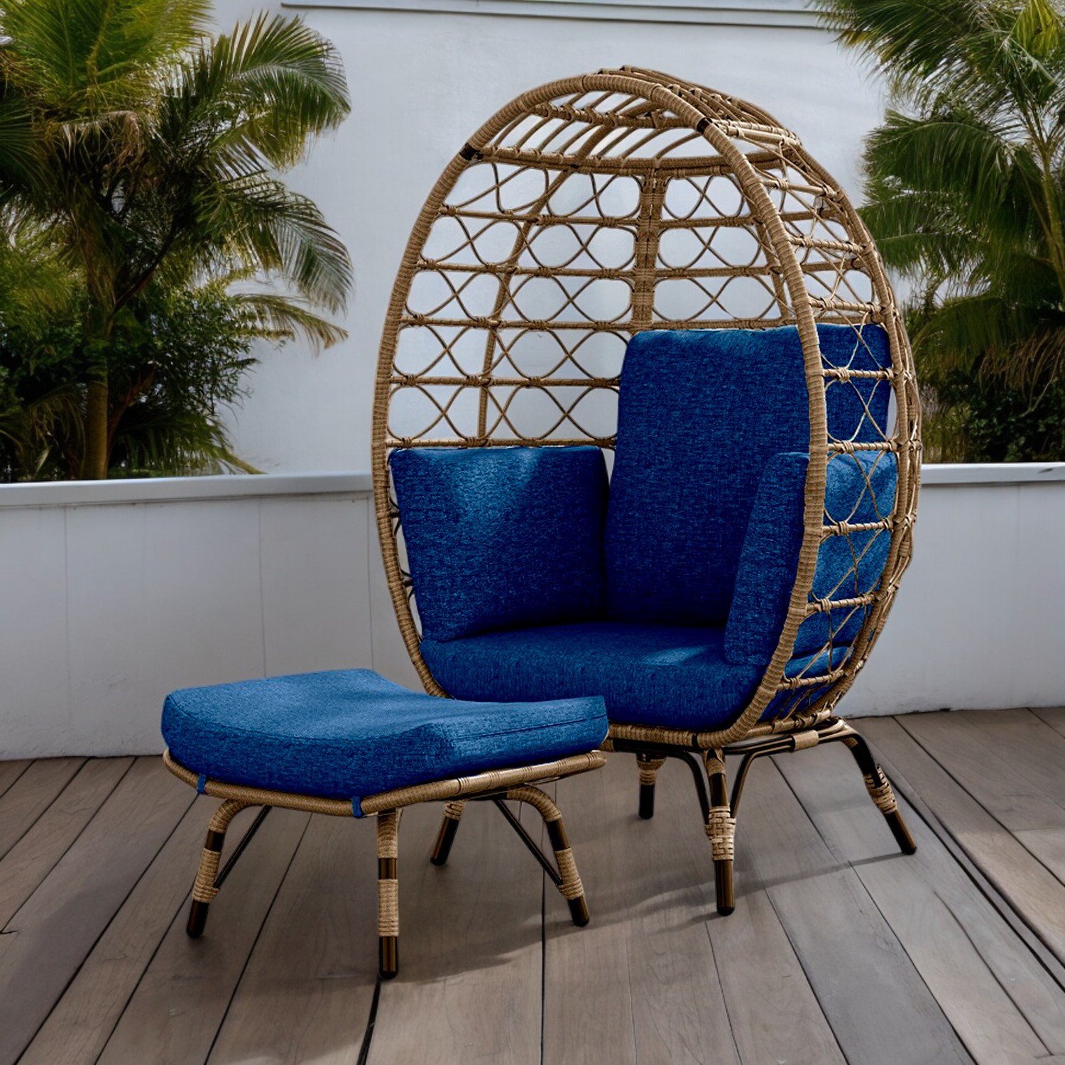 Ilios Innova | Silla Exterior De Mimbre Forma De Huevo Individual | Elegante Silla de jardín con reposa pies y Cojines