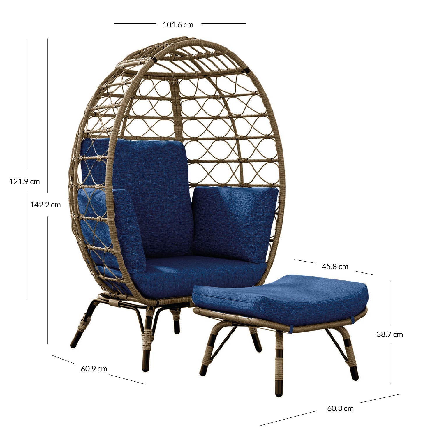 Ilios Innova | Silla Exterior De Mimbre Forma De Huevo Individual | Elegante Silla de jardín con reposa pies y Cojines