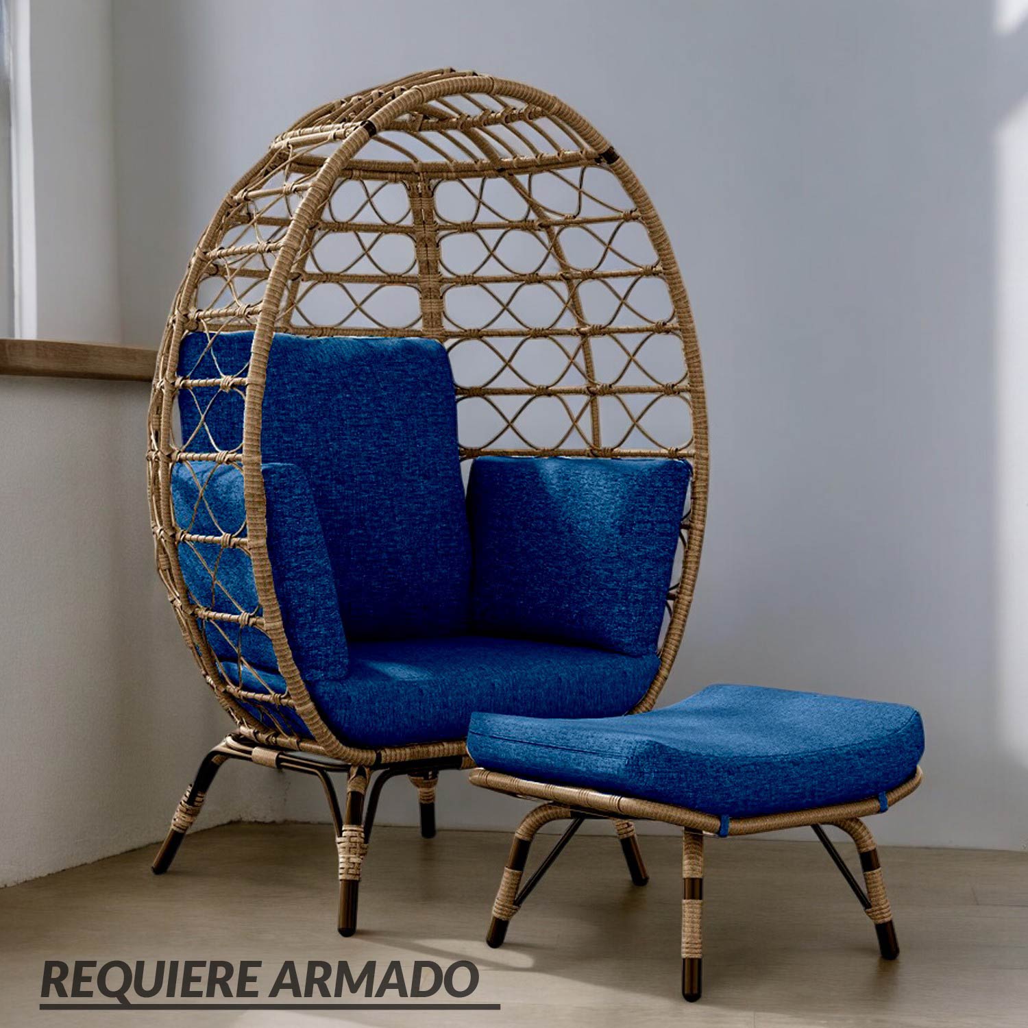 Ilios Innova | Silla Exterior De Mimbre Forma De Huevo Individual | Elegante Silla de jardín con reposa pies y Cojines