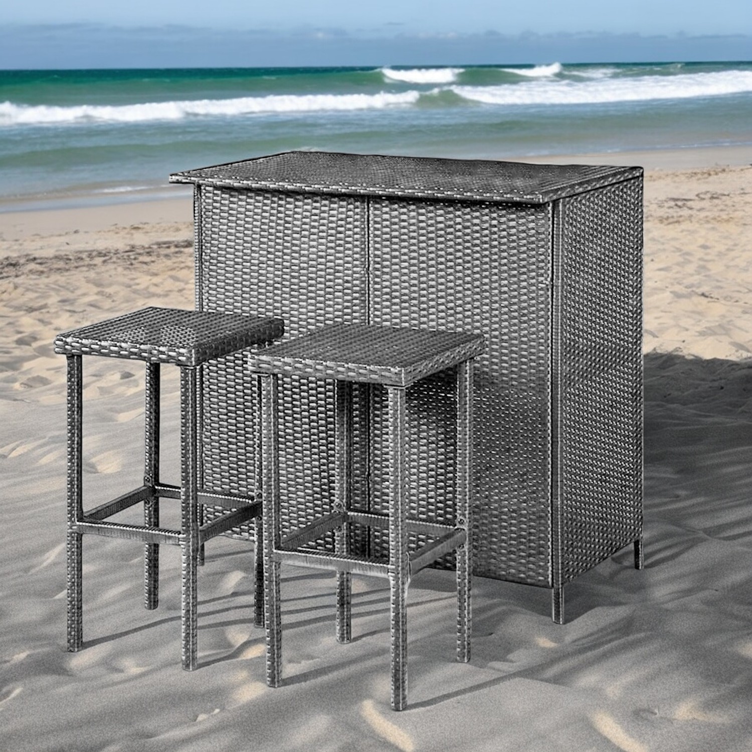 Ilios Innova | Juego de Bar 3 Piezas Cantina de Mimbre de ratán para jardín | Bar para Exteriores con juego de bancos | Mesa con 2 taburetes