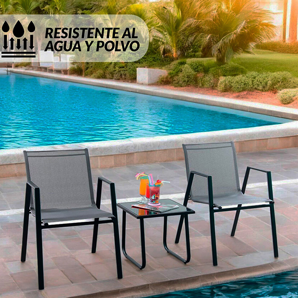 Ilios Innova | Sala de Jardín metálica con mesa de centro | Set para jardín de 3 Piezas Gris | Sala exterior | Sillas exterior para terraza