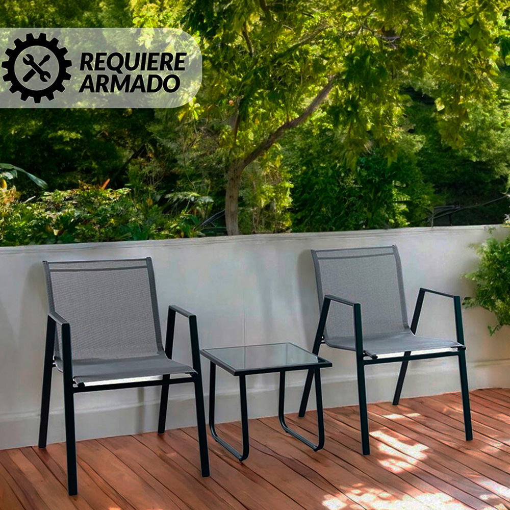Ilios Innova | Sala de Jardín metálica con mesa de centro | Set para jardín de 3 Piezas Gris | Sala exterior | Sillas exterior para terraza