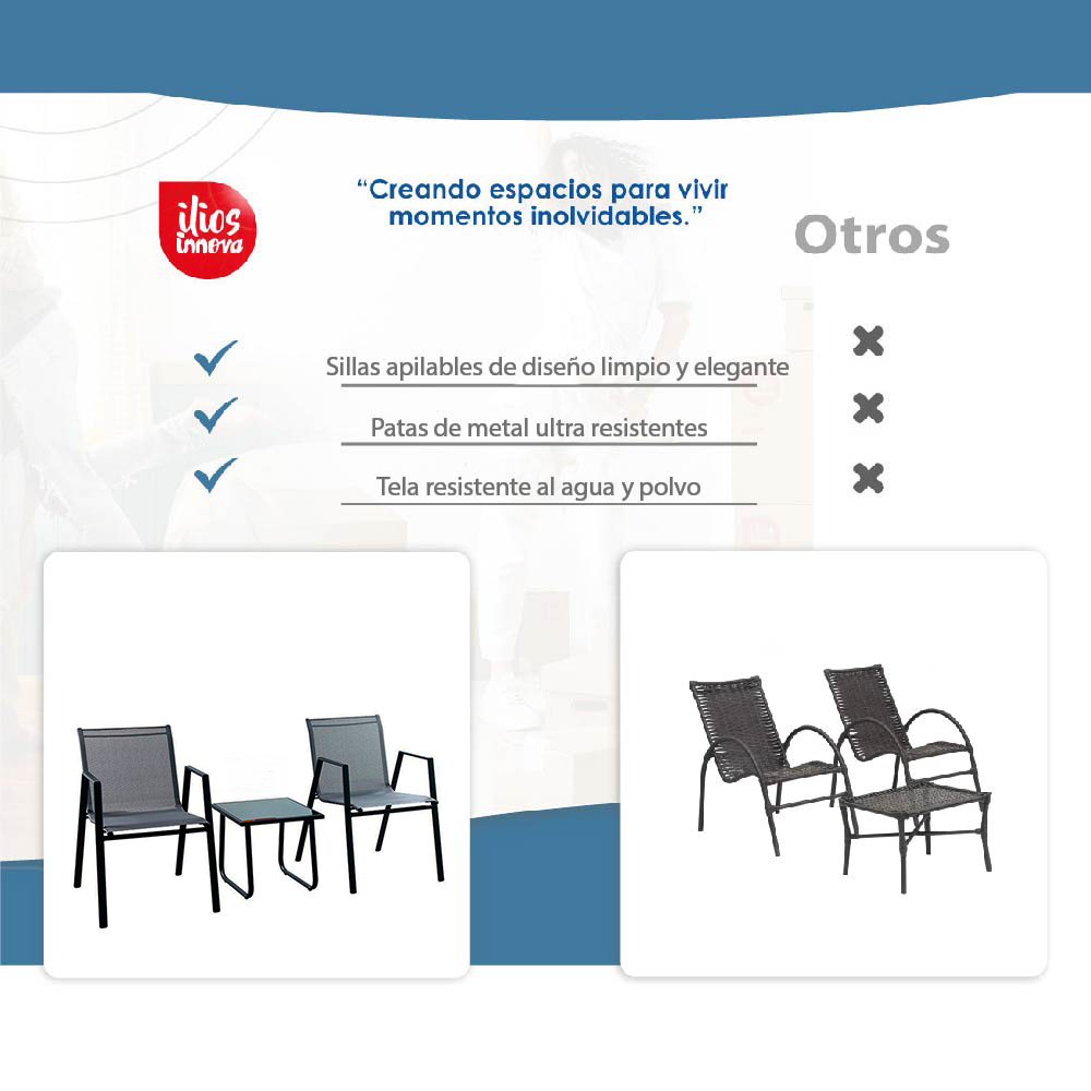Ilios Innova | Sala de Jardín metálica con mesa de centro | Set para jardín de 3 Piezas Gris | Sala exterior | Sillas exterior para terraza