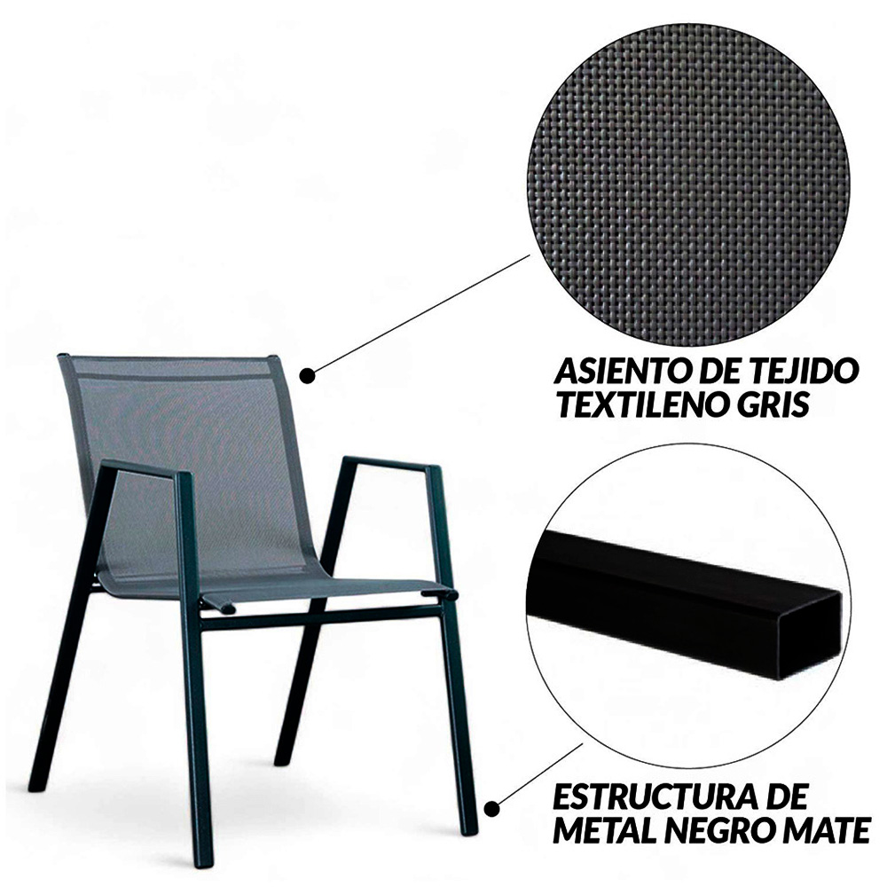 Ilios Innova | Sala de Jardín metálica con mesa de centro | Set para jardín de 3 Piezas Gris | Sala exterior | Sillas exterior para terraza