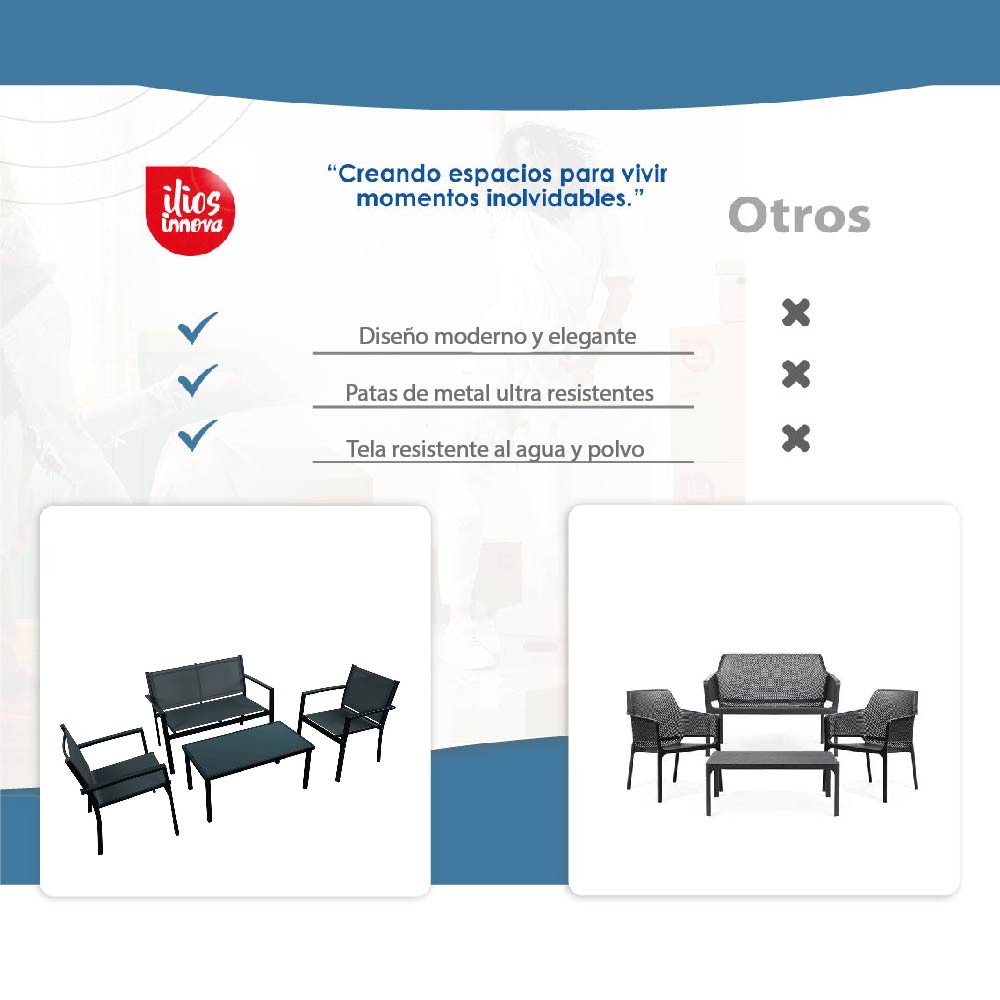 Ilios Innova | Sala de Jardín 4 Pzs Tela y Acero Negro - Elegancia Exterior