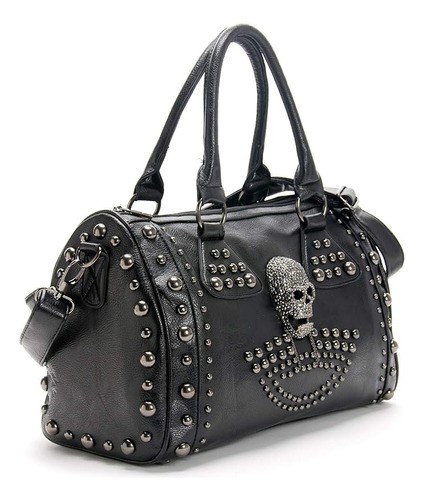 Bolso de Mano Gótico de Cuero Color Negro calavera