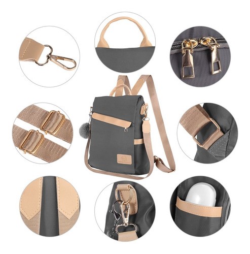 Mochila de Mujer Paño De Oxford Impermeable Anti-robo Monedero GRIS correas beige