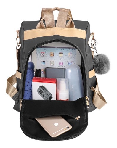 Mochila de Mujer Paño De Oxford Impermeable Anti-robo Monedero GRIS correas beige