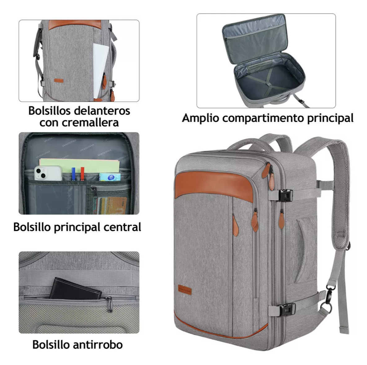 Mochila De Viaje Impermeable Con Correas Extraíbles Expandible Antirrobo Equipaje De Mano De 10 Kg T