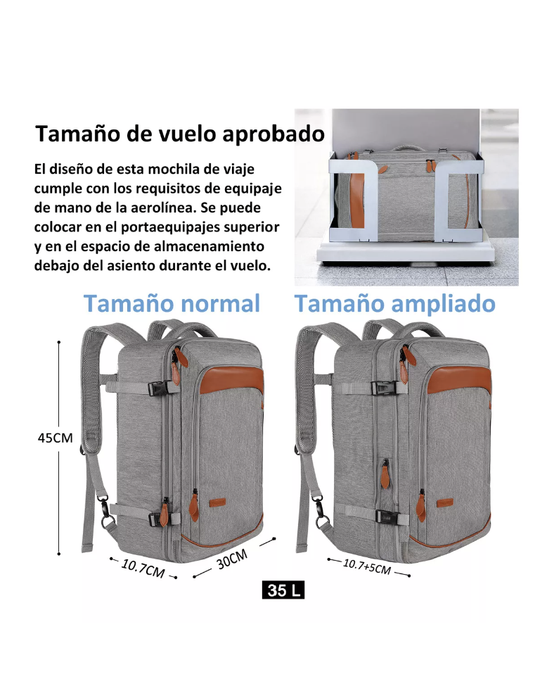 Mochila De Viaje Impermeable Con Correas Extraíbles Expandible Antirrobo Equipaje De Mano De 10 Kg T