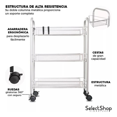 Carrito Organizador Metalico Con Ruedas Multiusos 3 Niveles Color Gris