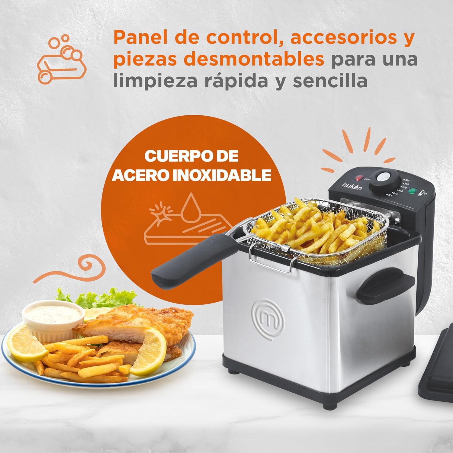 MasterChef Freidora de Aceite Flash-Fry S de 1.5 Litros, Acero Inoxidable con Canastilla Removible, 800W - Modelo MK-DF-1SS