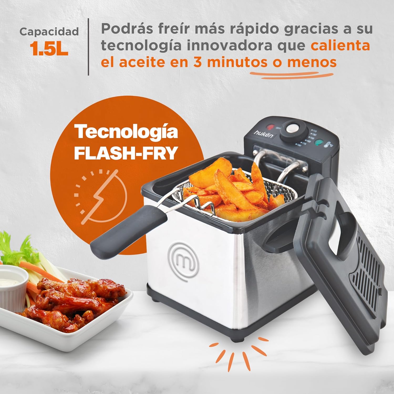 MasterChef Freidora de Aceite Flash-Fry S de 1.5 Litros, Acero Inoxidable con Canastilla Removible, 800W - Modelo MK-DF-1SS