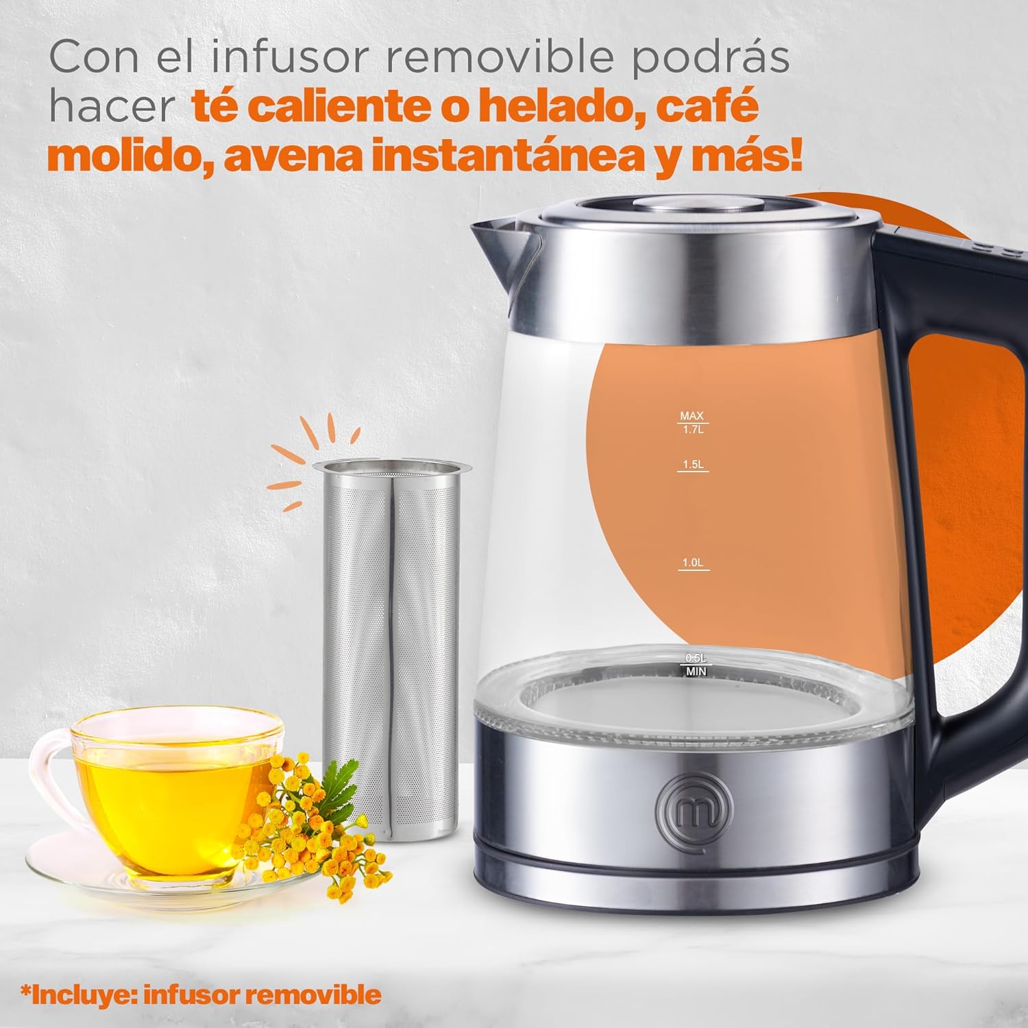 MasterChef Tetera Eléctrica Digital con Temperatura Ajustable y Panel Digital, 1.7 Litros - Modelo Heat-Select