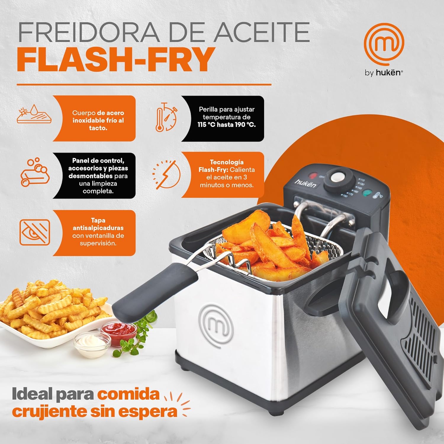 MasterChef Freidora de Aceite Flash-Fry S de 1.5 Litros, Acero Inoxidable con Canastilla Removible, 800W - Modelo MK-DF-1SS