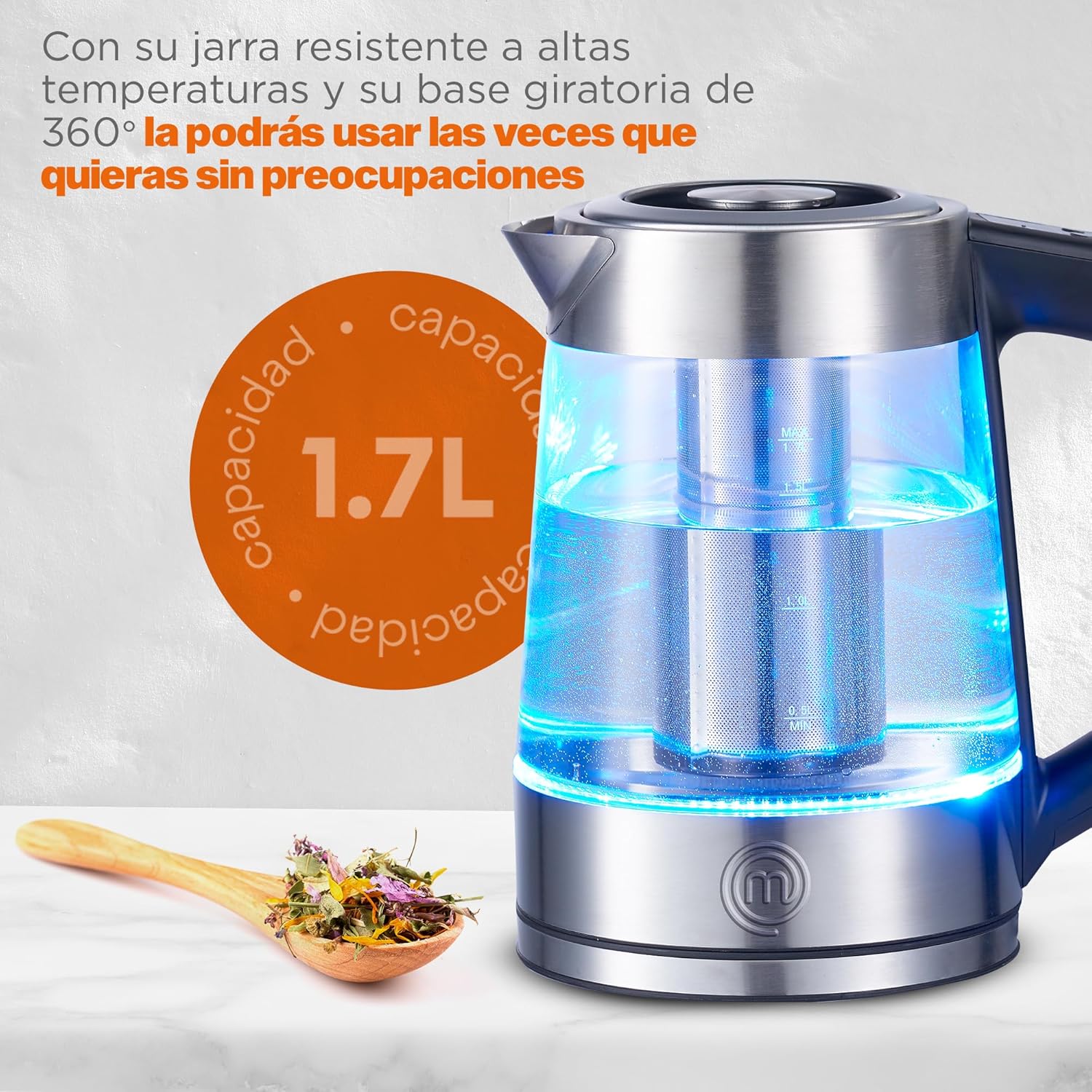 MasterChef Tetera Eléctrica Digital con Temperatura Ajustable y Panel Digital, 1.7 Litros - Modelo Heat-Select