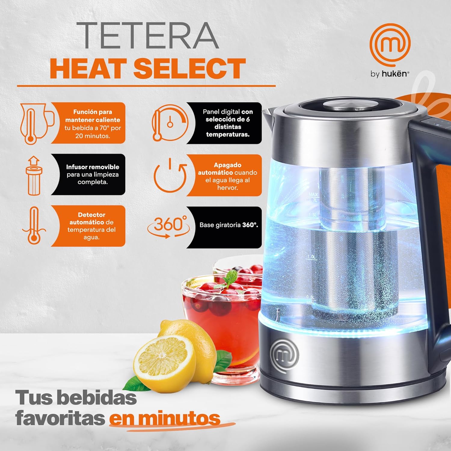MasterChef Tetera Eléctrica Digital con Temperatura Ajustable y Panel Digital, 1.7 Litros - Modelo Heat-Select