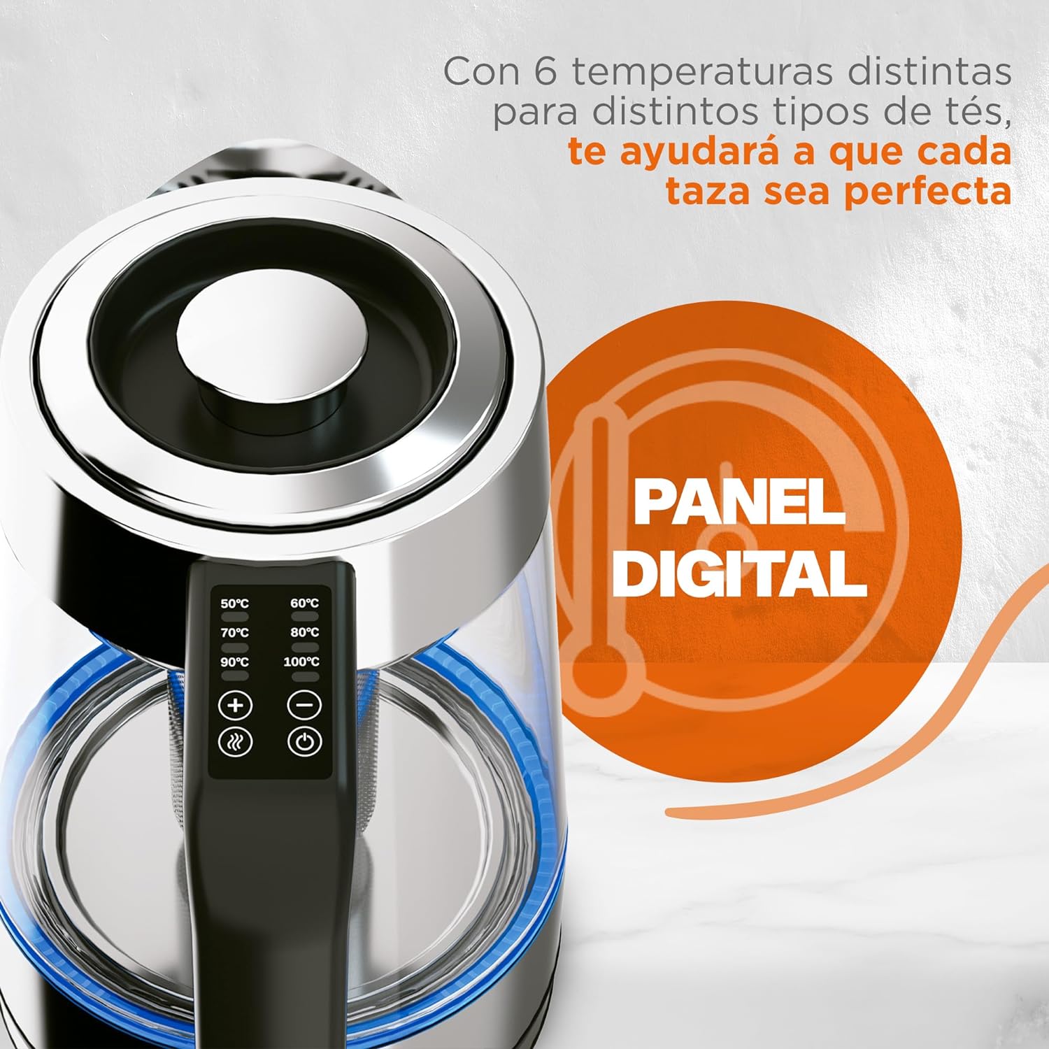 MasterChef Tetera Eléctrica Digital con Temperatura Ajustable y Panel Digital, 1.7 Litros - Modelo Heat-Select